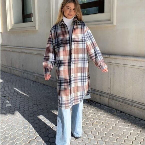 ZARA Long Plaid Jacket Overshirt Coat Bloggers - Picture 1 of 13